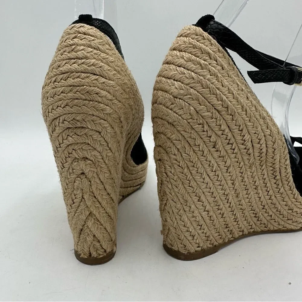 JEAN-MICHEL CAZABAT Black Suede Peep-Toe Espadrille Wedges Sz 37.5 ‎ US 7